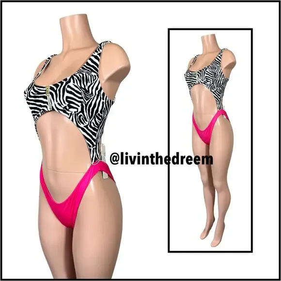 Beach Bunny Kelly Monokini One Piece Zebra Stripe and Barbie Pink SZ L $170